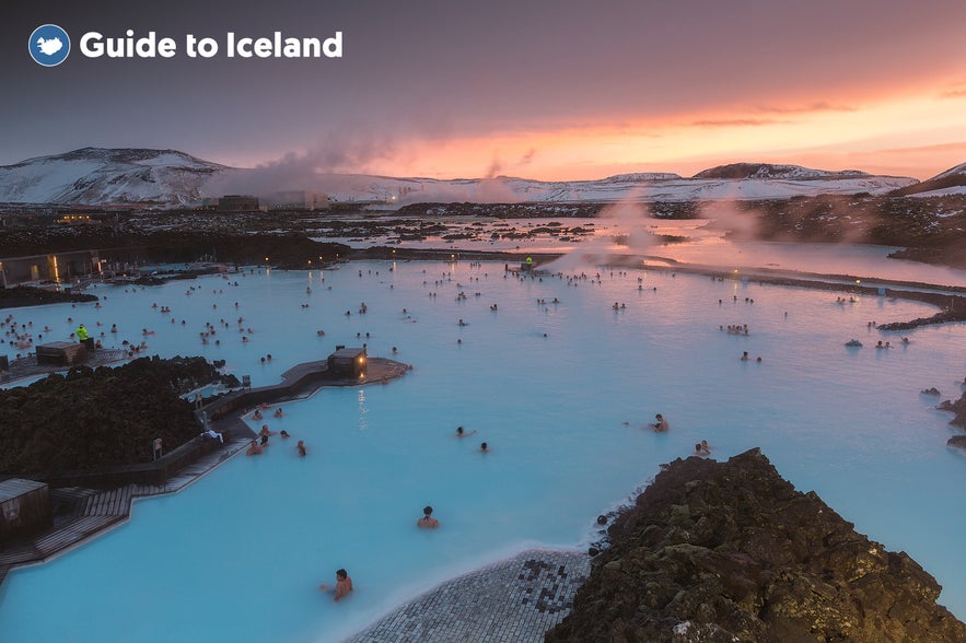 The Blue Lagoon, a geothermal pool in Iceland, in winter.