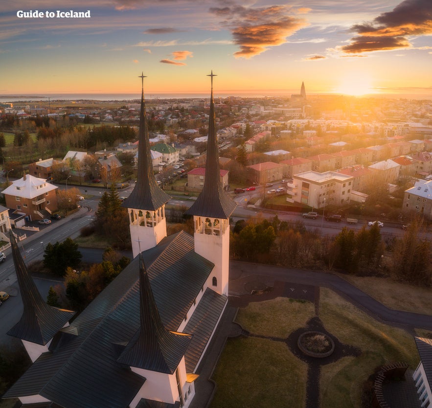 Hateigskirkja church and the rooftops of Reykjavik.