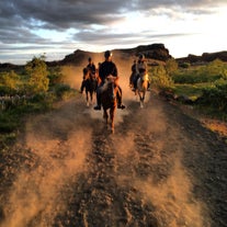 En tur i liten grupp rider på isländska hästar längs en dammig stig på Island.