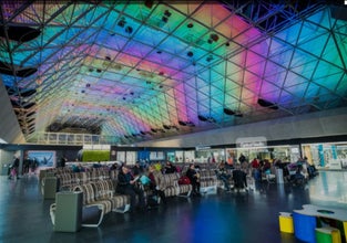 A seating area inside Keflavik International Airport.