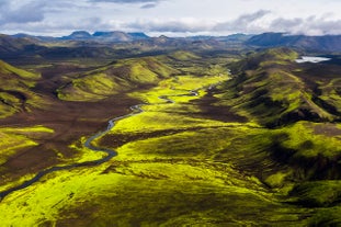 Greenery and steep cliffs cliffs dot the Eldgja Canyon in Iceland.