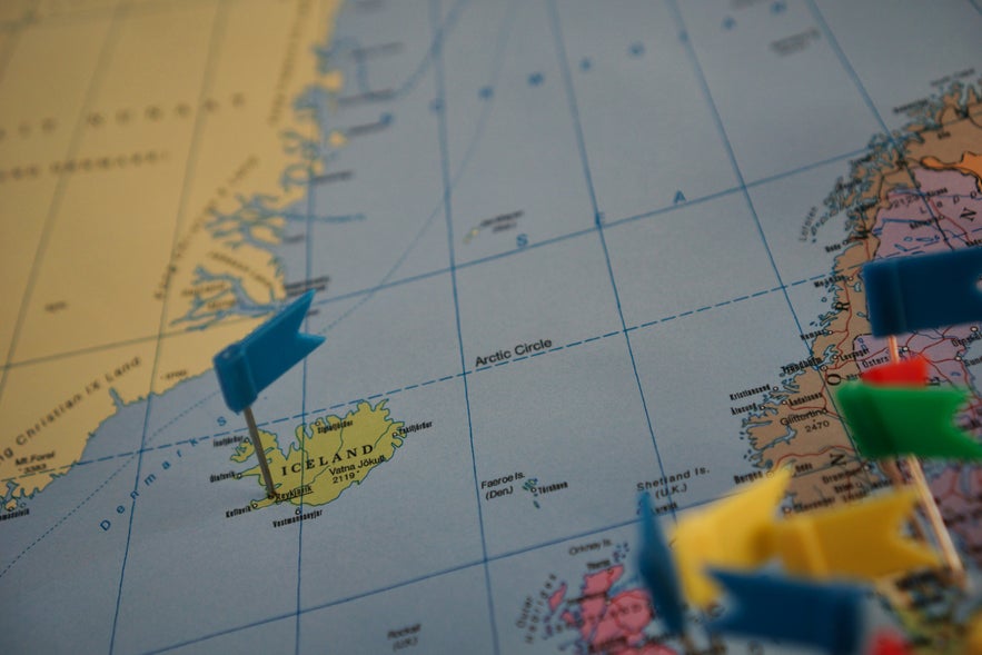 Close-up of a map showing Iceland, among other European countries.