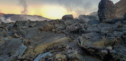 The volcanic landscape of the Reykjanes Peninsula in Iceland.