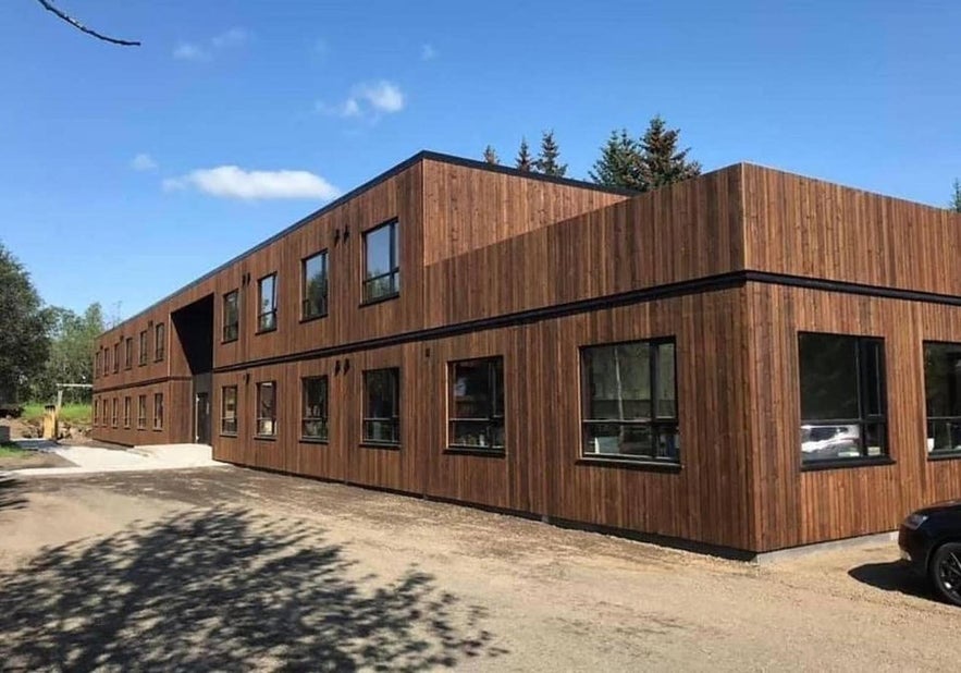 The exterior of the Blue Hotel Fagrilundur near the Golden Circle route.