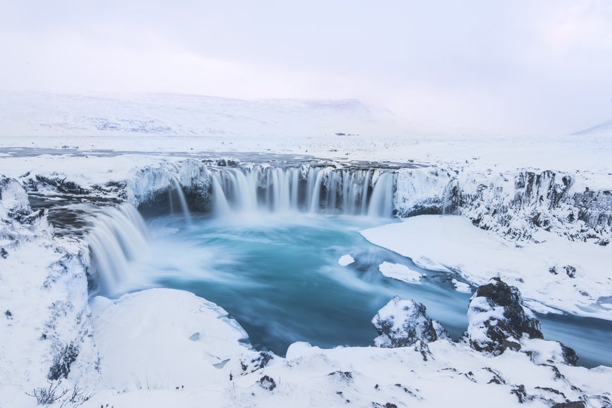 ChatGPT said: Godafoss Waterfall in northern Iceland features wide, curved cascades and is known for its beauty and historic cultural significance.