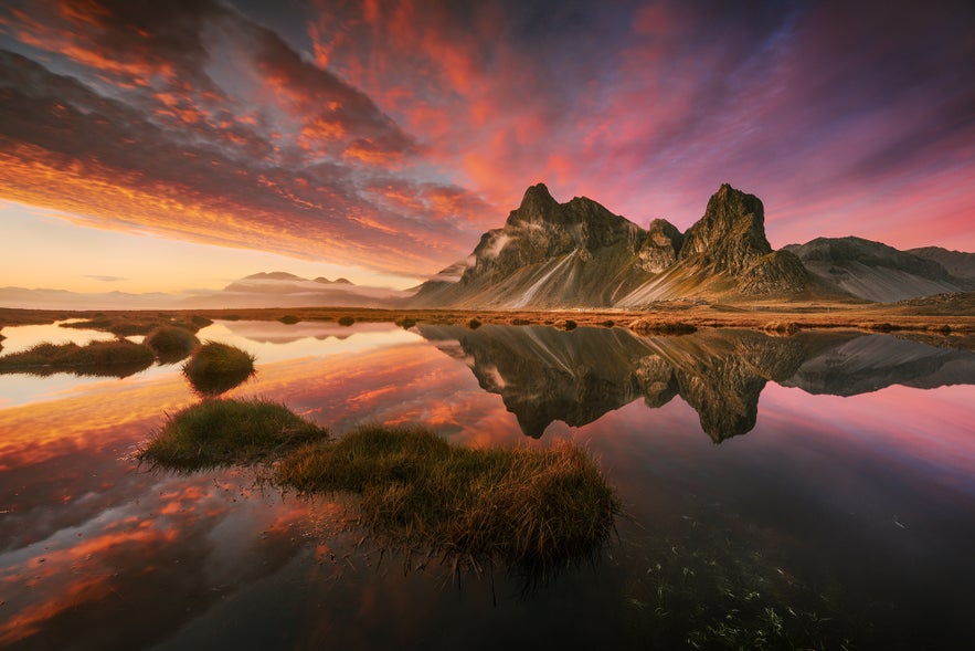 Sunset over Vestrahorn mountain in Iceland, with colorful skies reflected in calm water.