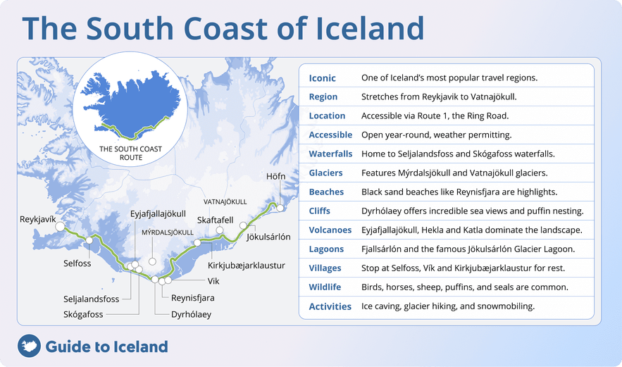 The South Coast of Iceland is a region of glaciers, mountains, and black sand beaches, home to the quiet village of Vik.
