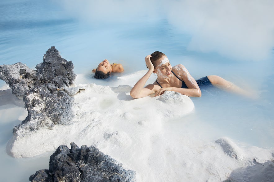 Bathing in the famous Blue Lagoon geothermal spa in Iceland