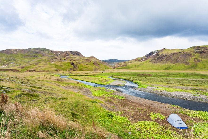 Varma River, surrounded by green hills and clear skies, is ideal for trout fishing in Iceland.