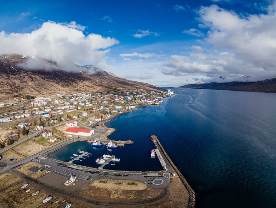 Aerial view of Faskrudsfjordur, home to French Days, a cultural celebration among the most charming festivals in Iceland.