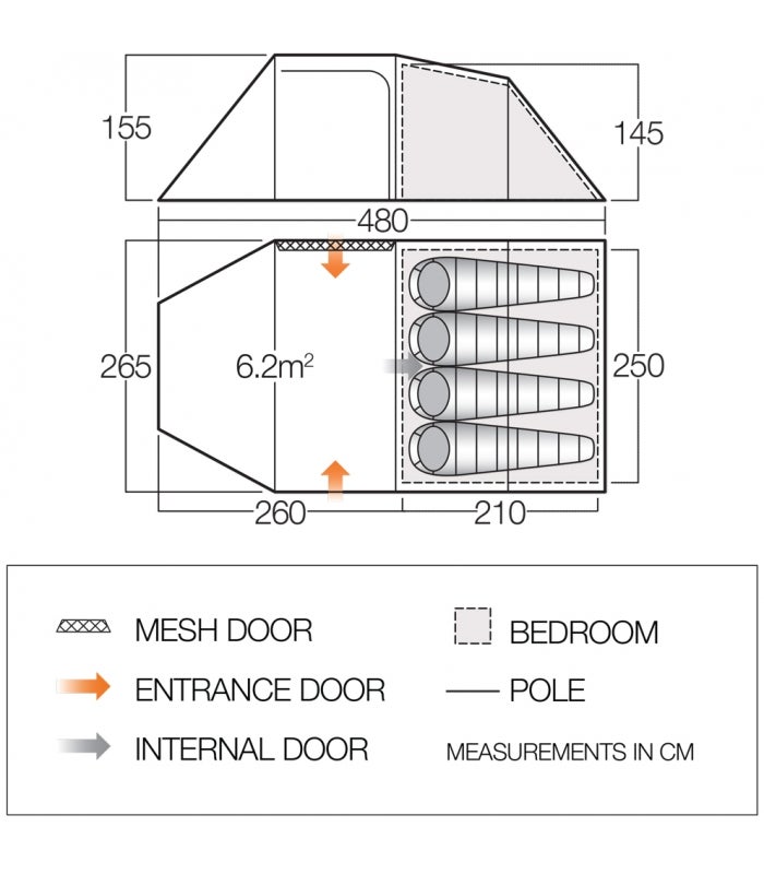 A diagram showing the measurements and features of the Vango four-person tent.