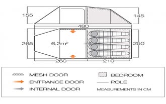 A diagram showing the measurements and features of the Vango four-person tent.