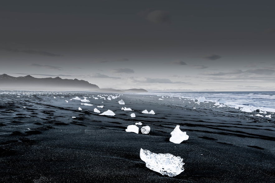 The Diamond Beach in Iceland with ice washed upon its shore