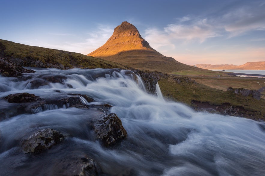 Kirkjufell mountain during the summer, located on Snaefellsnes peninsula in Iceland