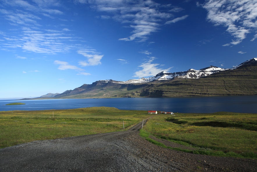 Remote farm in East Iceland with snowy mountains, a calm fjord, and a gravel road under a clear blue sky.