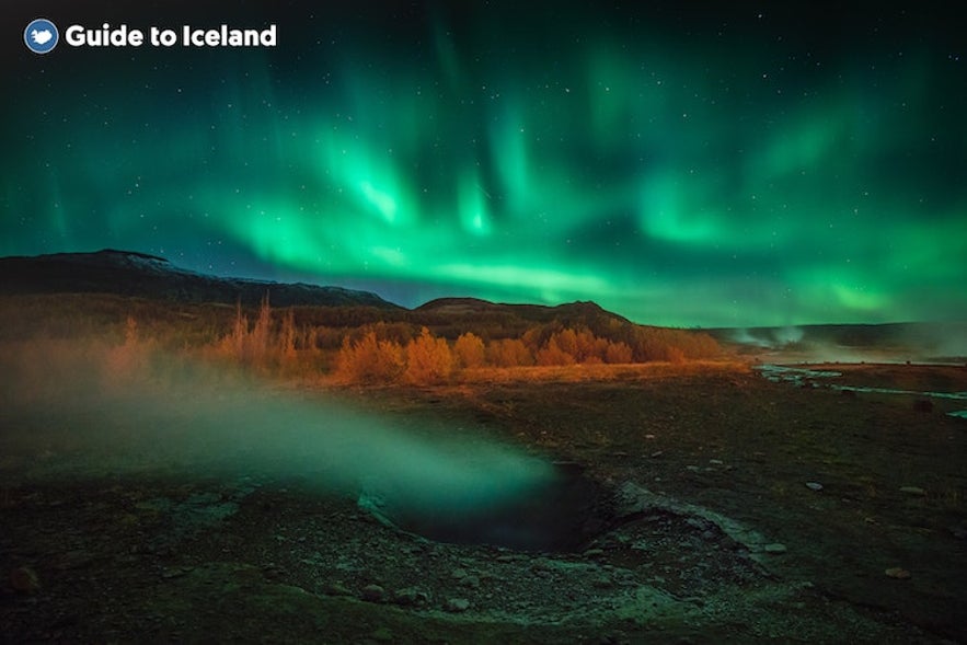 Geysirområdet på Island er et flott sted å se nordlyset