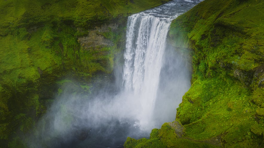 Skogafoss waterfall on the south coast of Iceland during summer