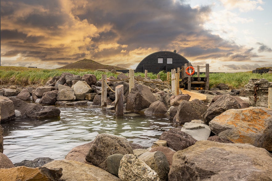 Hvammsvik Hot Springs in Breidafjordur bay in Iceland