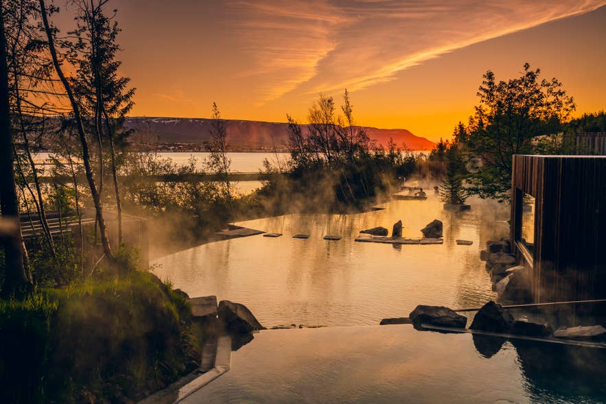 Dampf zieht bei Mitternachtssonne über die Geothermalbecken der Forest Lagoon