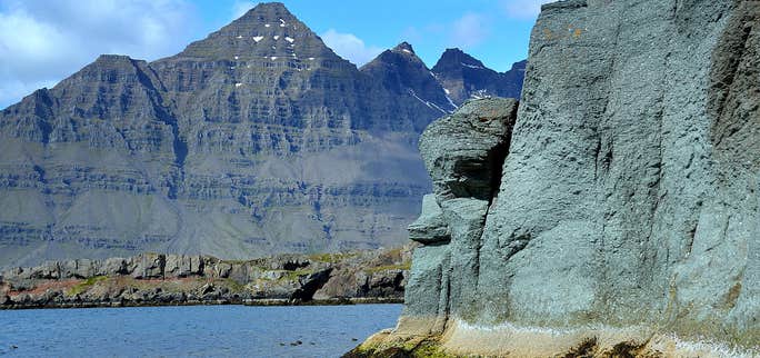 The amazing turquoise Blábjörg Cliffs in Berufjörður in East Iceland