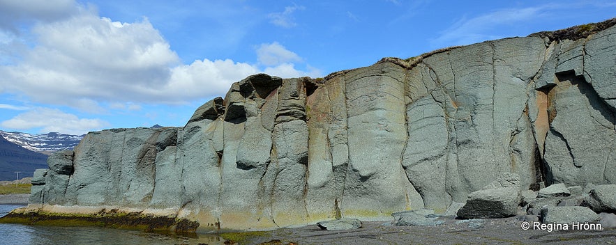 The amazing turquoise Blábjörg Cliffs in Berufjörður in East Iceland