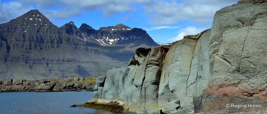 The amazing turquoise Blábjörg Cliffs in Berufjörður in East Iceland