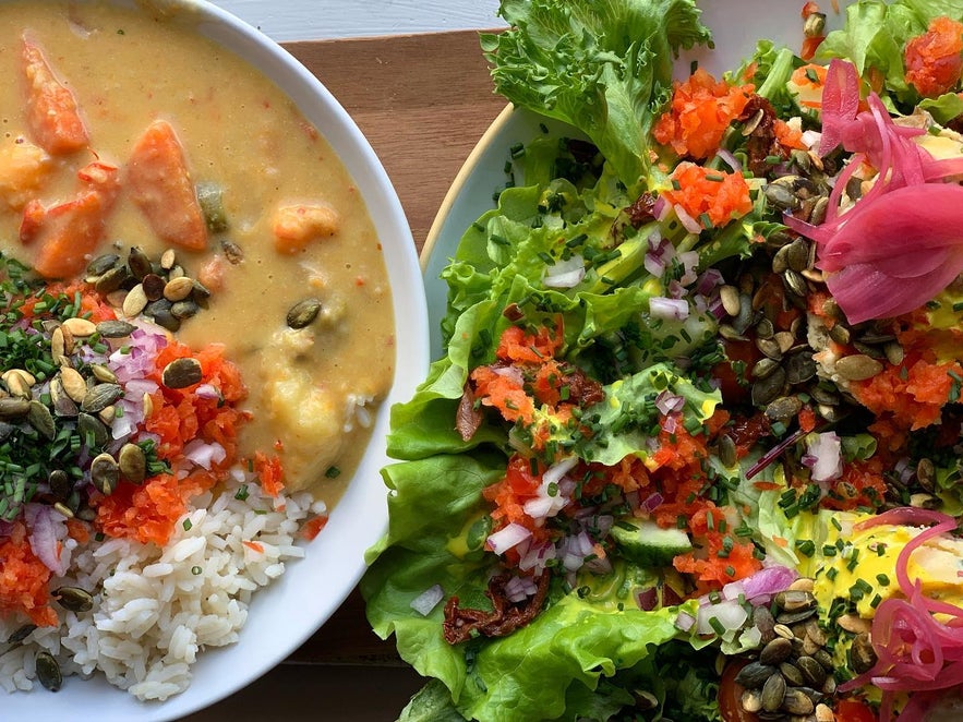 Colorful salad and unique casserole served at Mama restaurant, a popular vegan restaurant in Reykjavik.
