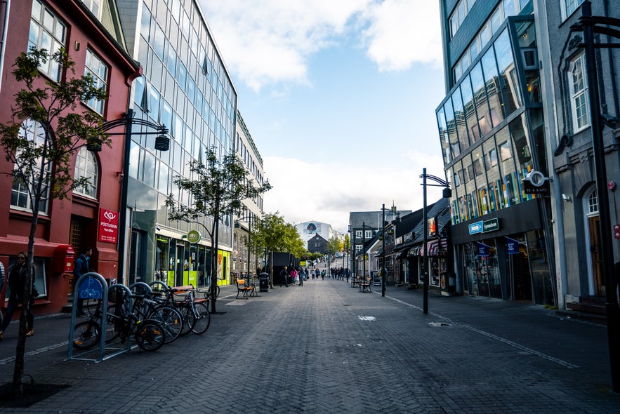 A view of Laugavegur Street, a central spot for shopping or dining at restaurants in Reykjavik.