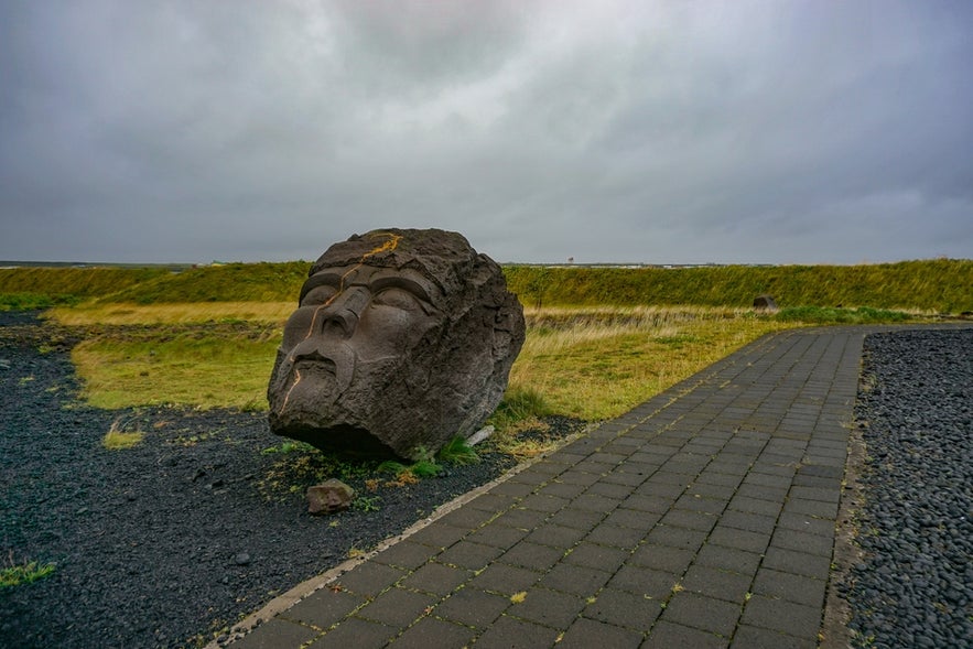 Giant Viking head sculpture on the grounds of the Viking World Museum (Víkingaheimar) in Iceland.