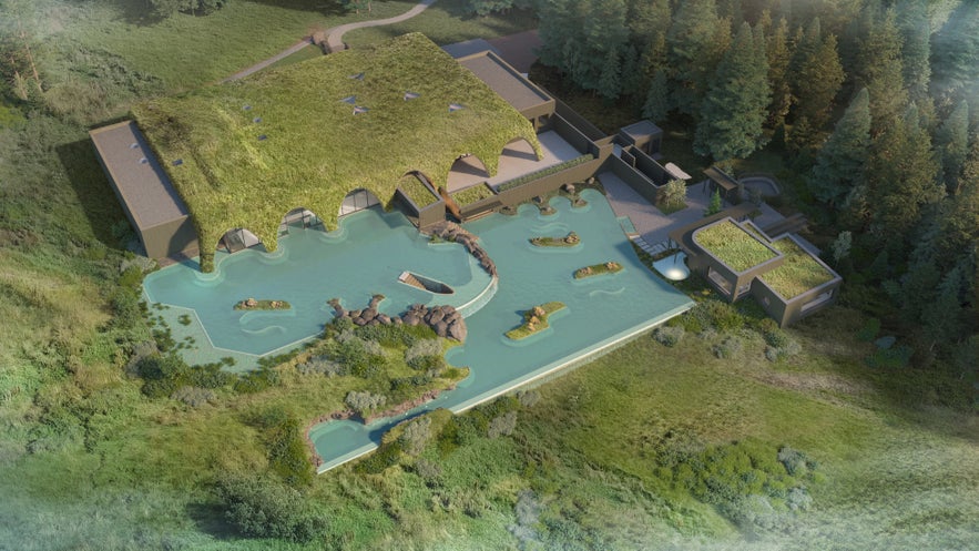 Aerial rendering of Laugaras Lagoon’s geothermal pools, forest-edge saunas, waterfall, and infinity edge design.