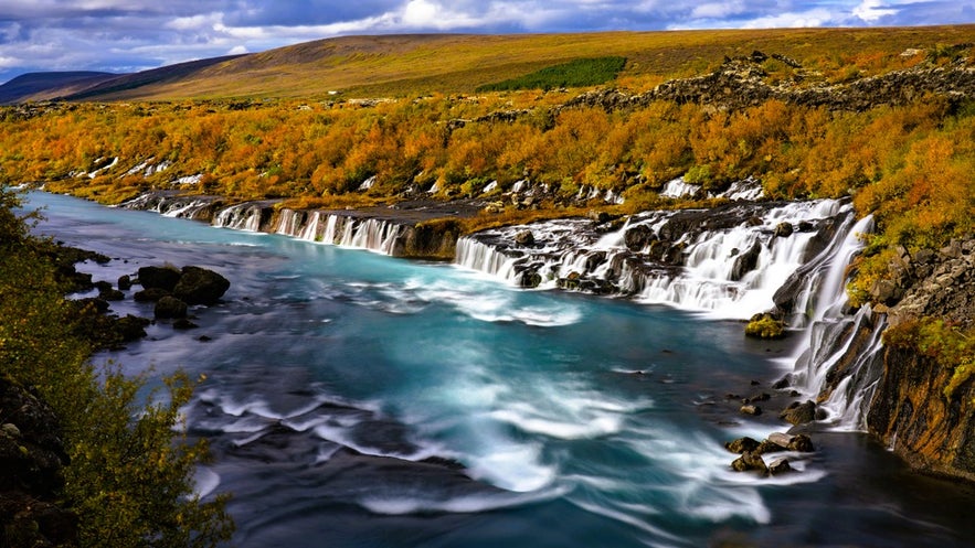 Hraunfossar Waterfall in autumn surrounded by golden foliage, a scenic stop where layers are key for what to wear in Iceland.