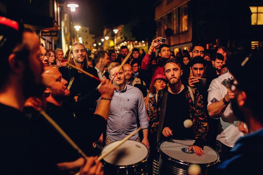 Street drummers perform during Reykjavik Culture Night, one of the top festivals in Iceland for music, art, and community.
