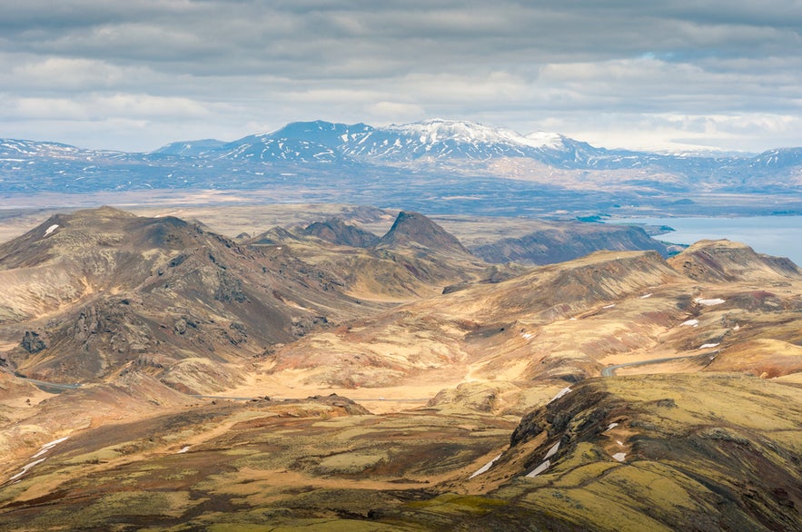 Landscape of the Hengill Volcano, the second stage of Iceland’s Volcanic Way, known for geothermal activity and hiking trails.