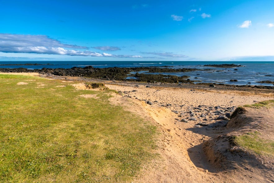 View of sandy shore and rocky coast at Ytri Tunga Beach, a scenic seal-watching spot on the Snaefellsnes Peninsula in West Iceland.