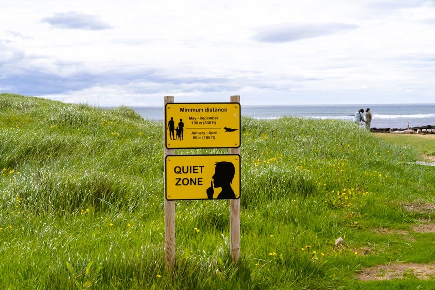 Quiet zone and distance sign at Ytri Tunga Beach, reminding visitors to respect seal habitats on the Snaefellsnes Peninsula in Iceland.