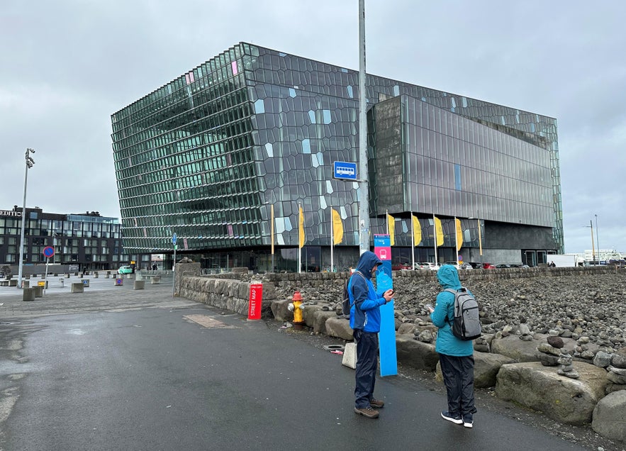 Bus Stop 5 for tour pick-ups in Reykjavik is beside the beautiful Harpa concert hall.