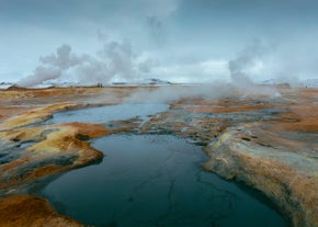 Lake Myvatn has active geothermal areas surrounding it where you can see boiling mud pits and steam riding from the earth.