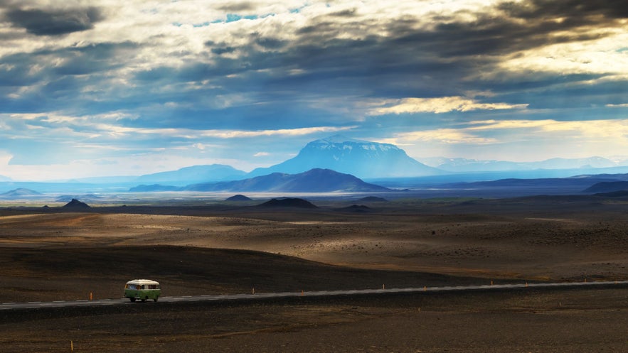 View of Herðubreið mountain from the Ring Road in Northeast Iceland with dramatic sky and volcanic desert landscape