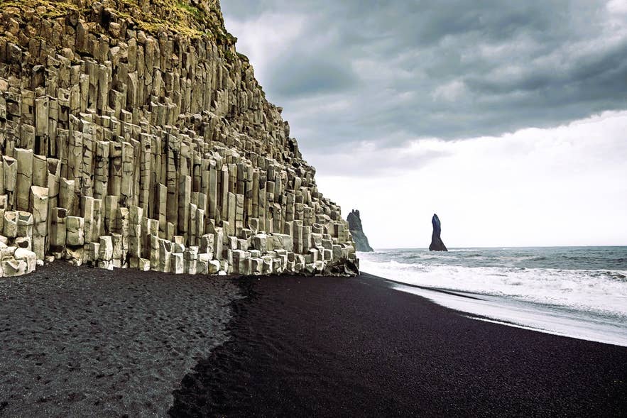 Waves surging up the shore at Reynisfjara Black Sand Beach in South Iceland