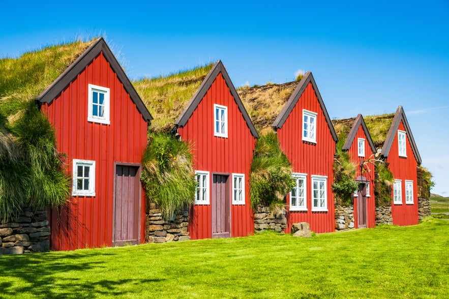 Row of traditional red turf houses at Bustarfell Museum in Iceland, set against a clear blue sky and lush green grass.