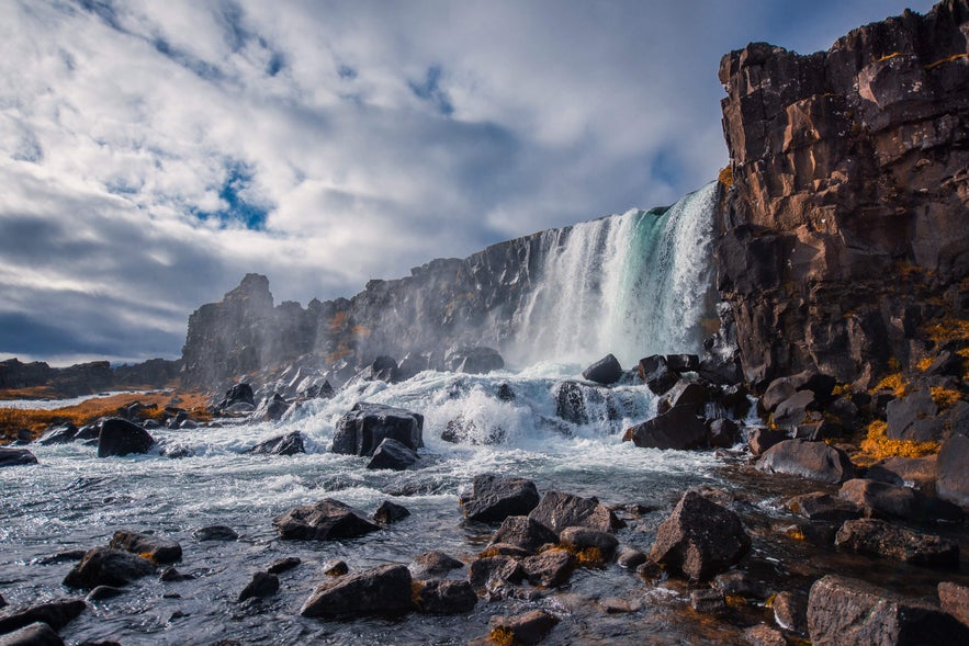 Oxararfoss waterfall cascading into a river framed by dark volcanic cliffs in Thingvellir National Park, Iceland.