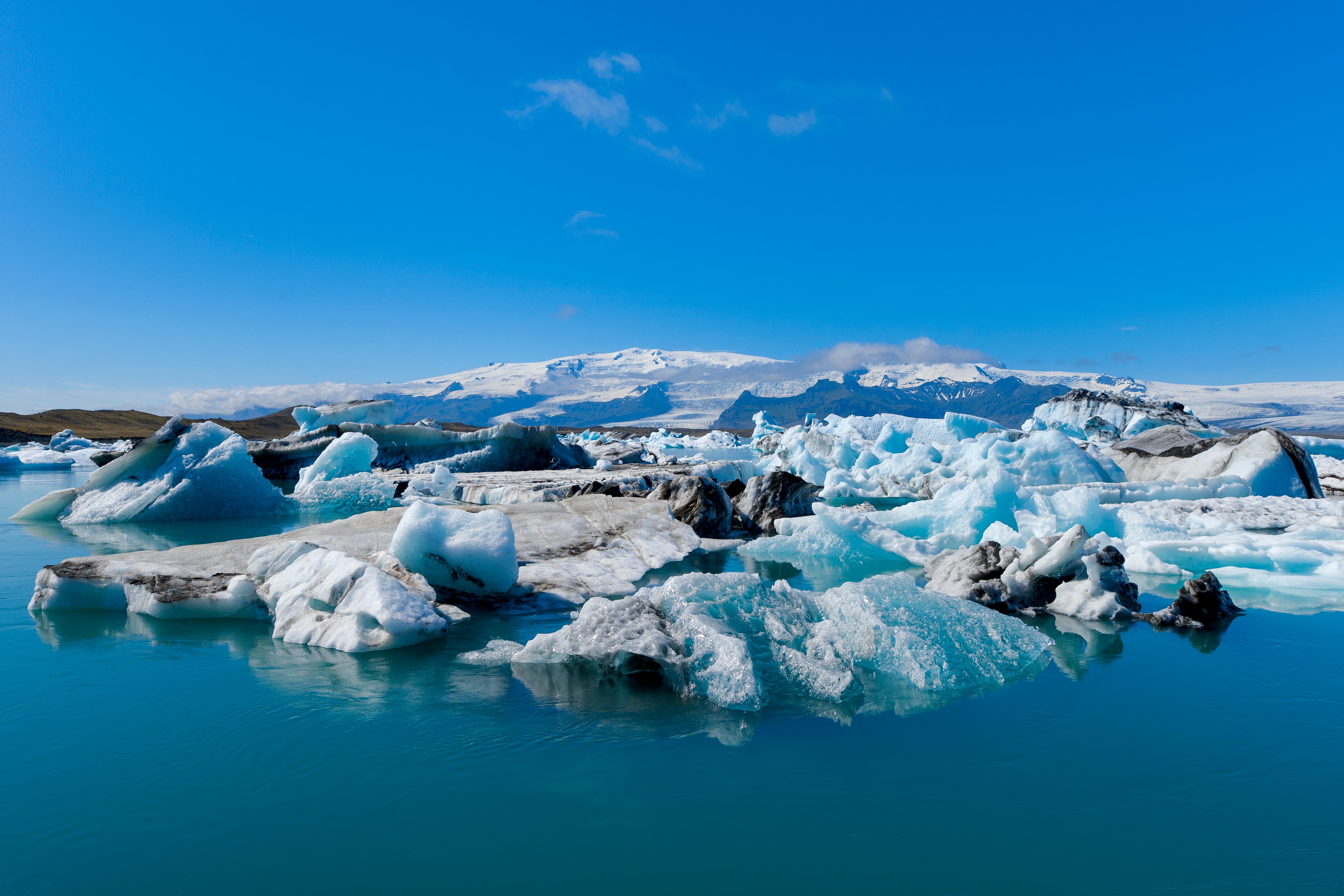 A view of Jokulsarlon Glacier Lagoon filled by icebergs.