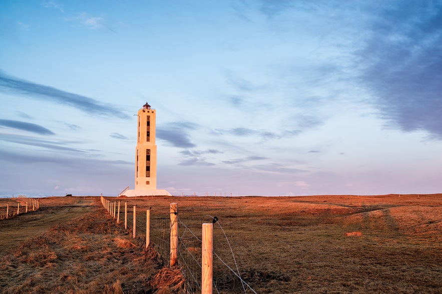 Knarraros Lighthouse in Iceland stands tall on open grassland at sunset, with a fence-lined path leading toward the tower.