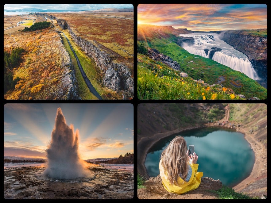Golden Circle attractions in Iceland: Thingvellir rift valley, Gullfoss waterfall, Strokkur geyser erupting, and Kerid crater lake