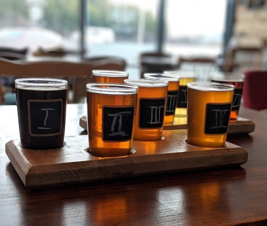 Beer flight with eight small glasses labeled I to IV on wooden trays, showcasing a range of colors from dark stout to pale ale.