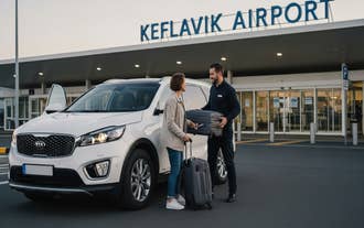 Chauffeur greeting traveler with handshake beside white car at Keflavik Airport.