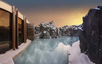 Blue Lagoon in Iceland with warm waters on a snowy winter day.