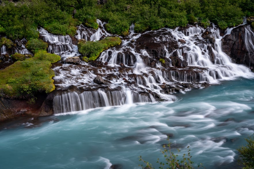 Barnafoss waterfall cascades over lava rocks into a blue river, surrounded by lush greenery in Iceland’s scenic landscape.