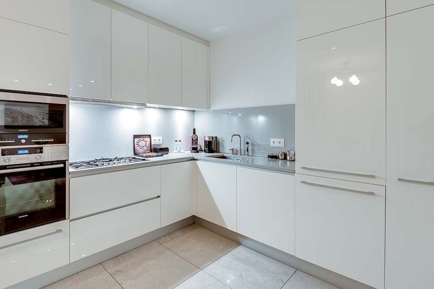 A modern kitchen in one of the suites at the four-star Black Pearl in Reykjavik.