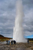 The Strokkur geyser is the star's show at the Geysir geothermal area, erupting high into the air every 5-10 minutes.